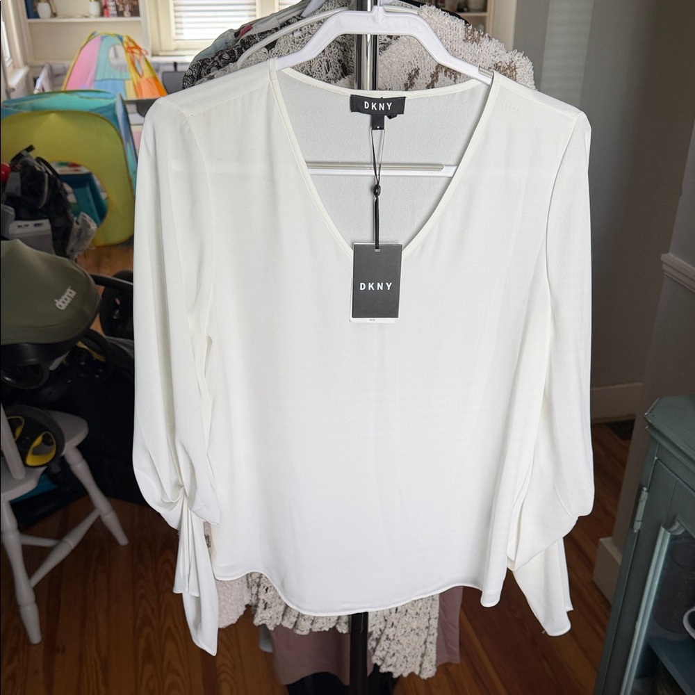 DKNY White V-Neck Long Sleeve Blouse with Tie Cuffs